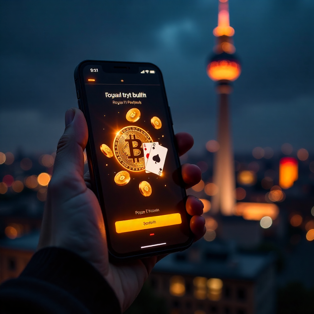 A hand holding a luxury smartphone displaying a high-tech Bitcoin poker app interface with glowing orange and gold accents, background is the Berlin skyline with the TV Tower (Fernsehturm) at night, 3D golden Bitcoin coins and a Royal Flush of playing car